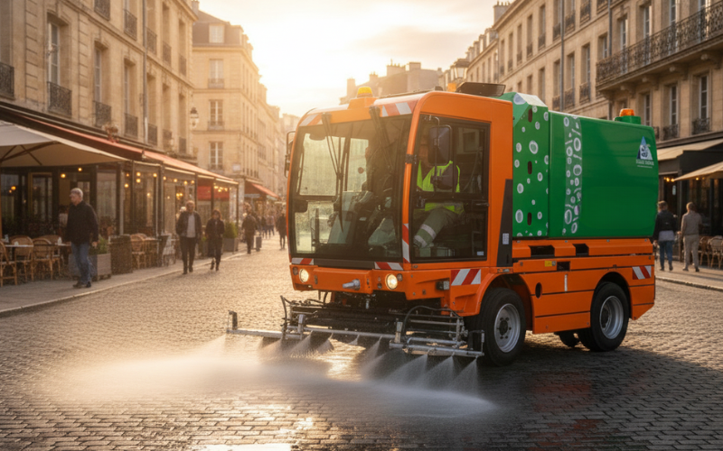 Laveuse de voirie qui nettoie les espaces publics.